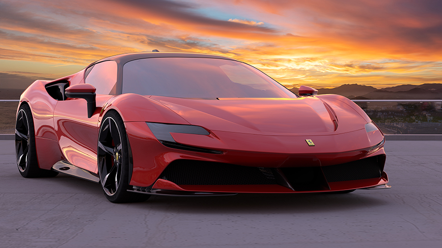 A red Ferarri against a vibrant orange and yellow sunset sky