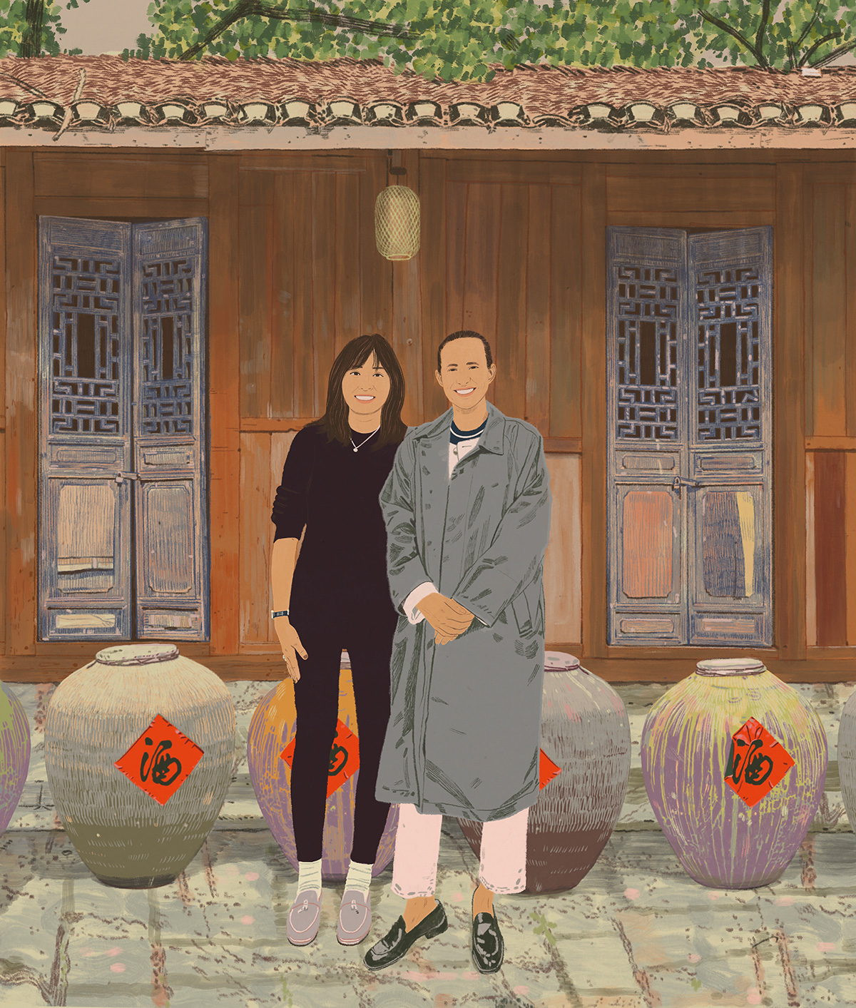 Illustration of Linda and Sophie in front of Moutai collection of traditional jars.