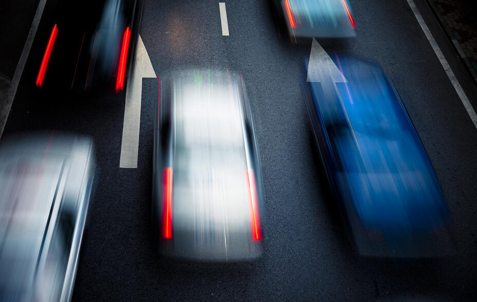 Traffic during twilight of Shanghai China, motion blur visible.